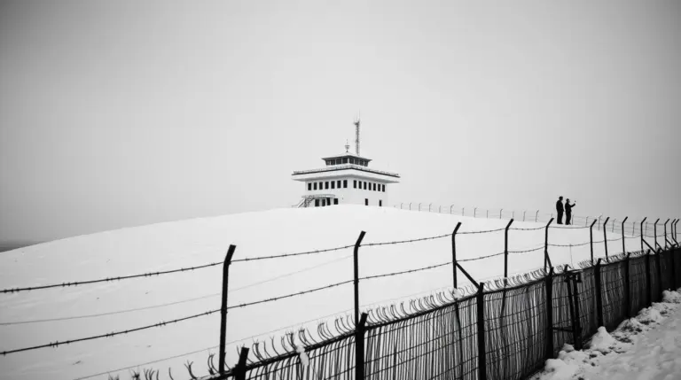 Black and white photo of a remote Soviet weather station on a snowy hill with fences.
