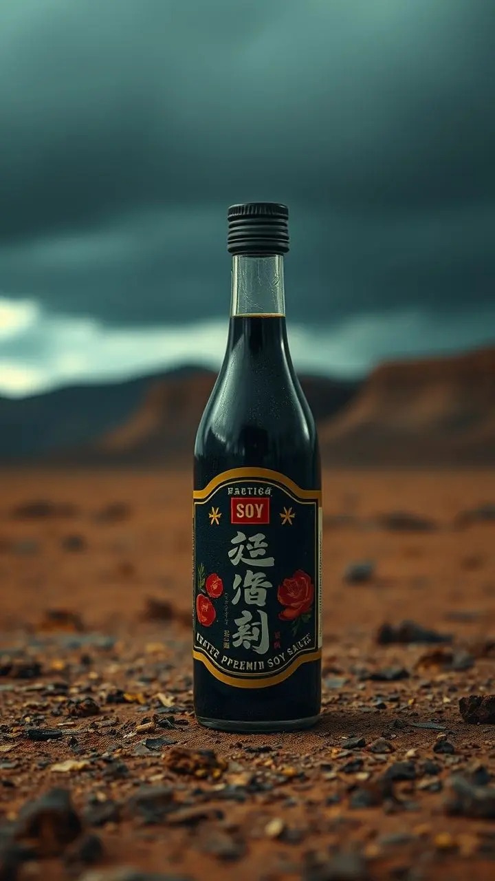 Glossy soy sauce bottle with subtle data overlay in a desolate, corroded, and atmospherically lit environment.