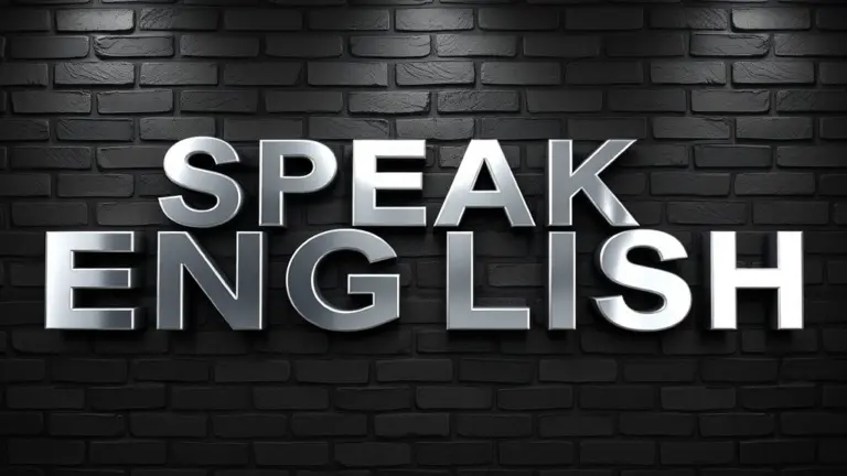 Bold silver steel letters spelling SPEAK ENGLISH on a black brick wall.