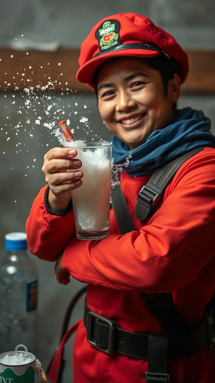 Woman in action with water splash and salt.