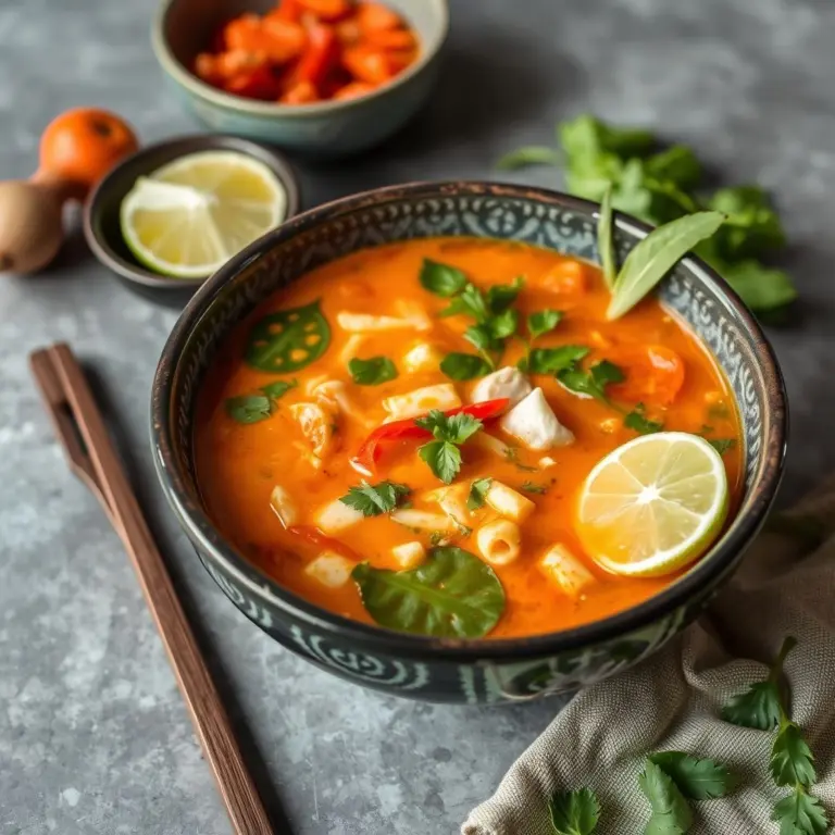 Bowl of Tom Yum Goong soup with shrimp.