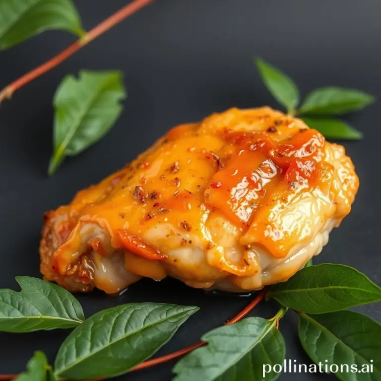 Close-up of a grilled chicken thigh with Zanthoxylum pepper.