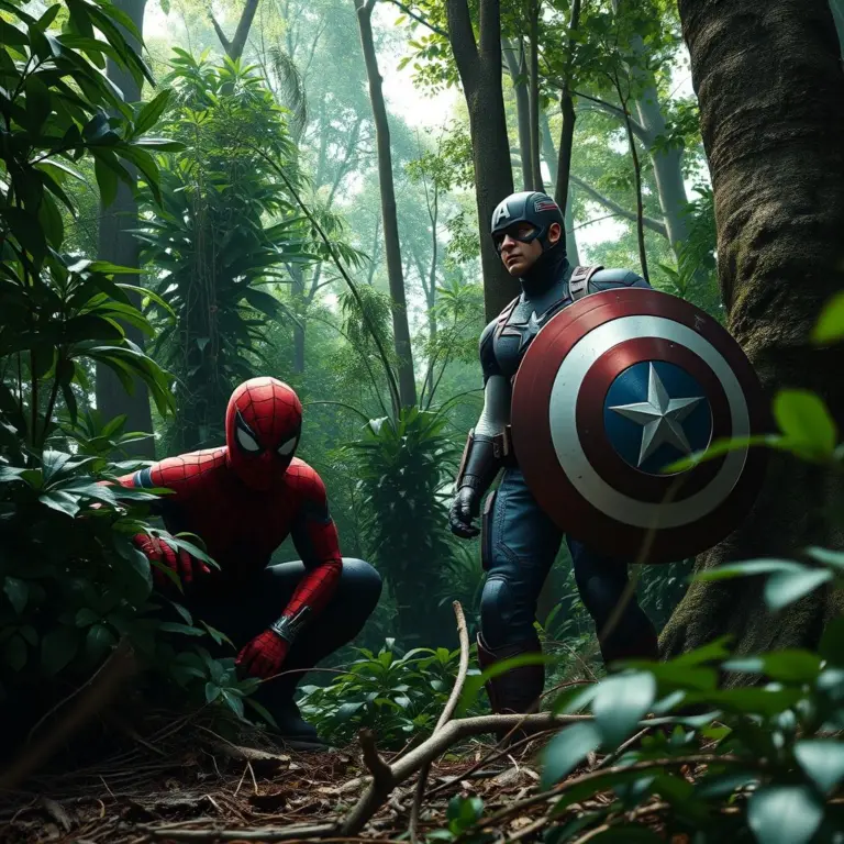 Spider-Man and Captain America in a jungle.