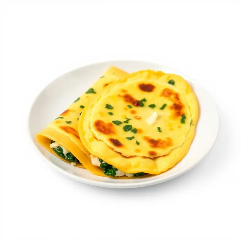 Three spinach and feta omelets on a white plate.