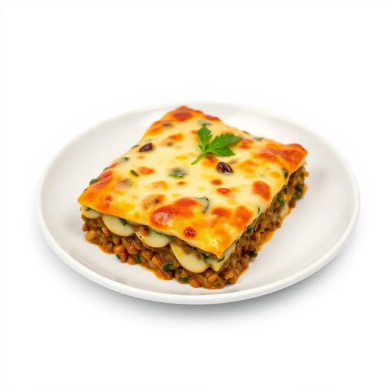 Spinach and Lentil Moussaka on a white plate.