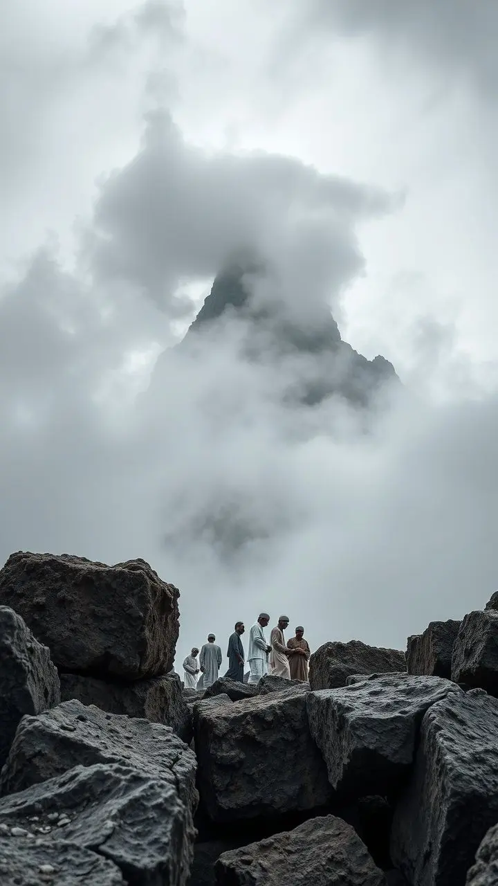 Muslims in traditional attire contemplating near a misty mountain peak, with brutalist stone structures.