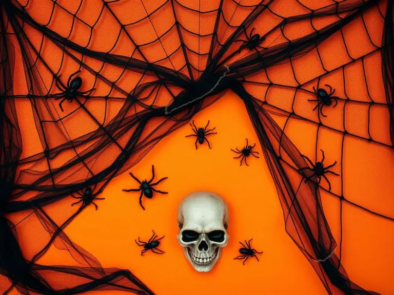 Halloween flat lay with web, spiders, and skull on orange.