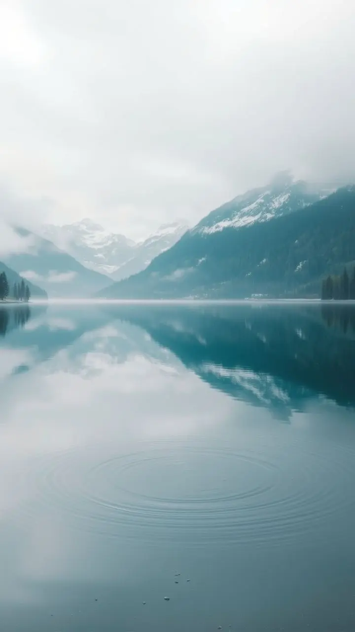 Serene alpine lake with mirrored mountains, pastel vaporwave colors, and gentle mist.