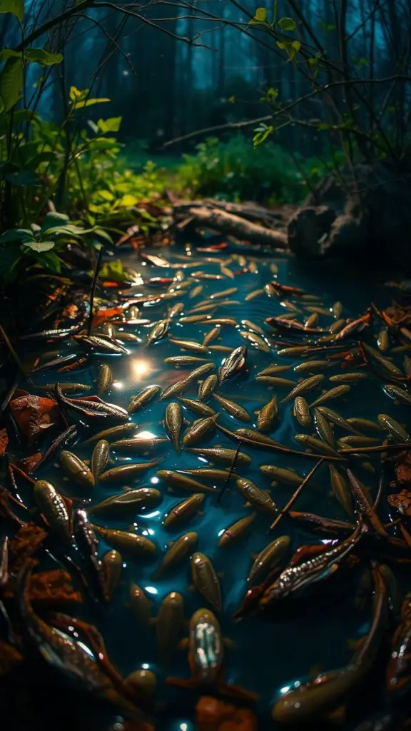 Tadpoles swim in a spring pond under starlight, with saturated foliage and a sense of impending cold.