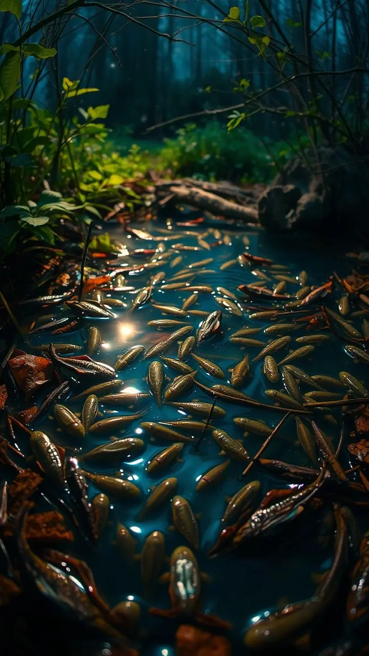 Tadpoles swim in a spring pond under starlight, with saturated foliage and a sense of impending cold.