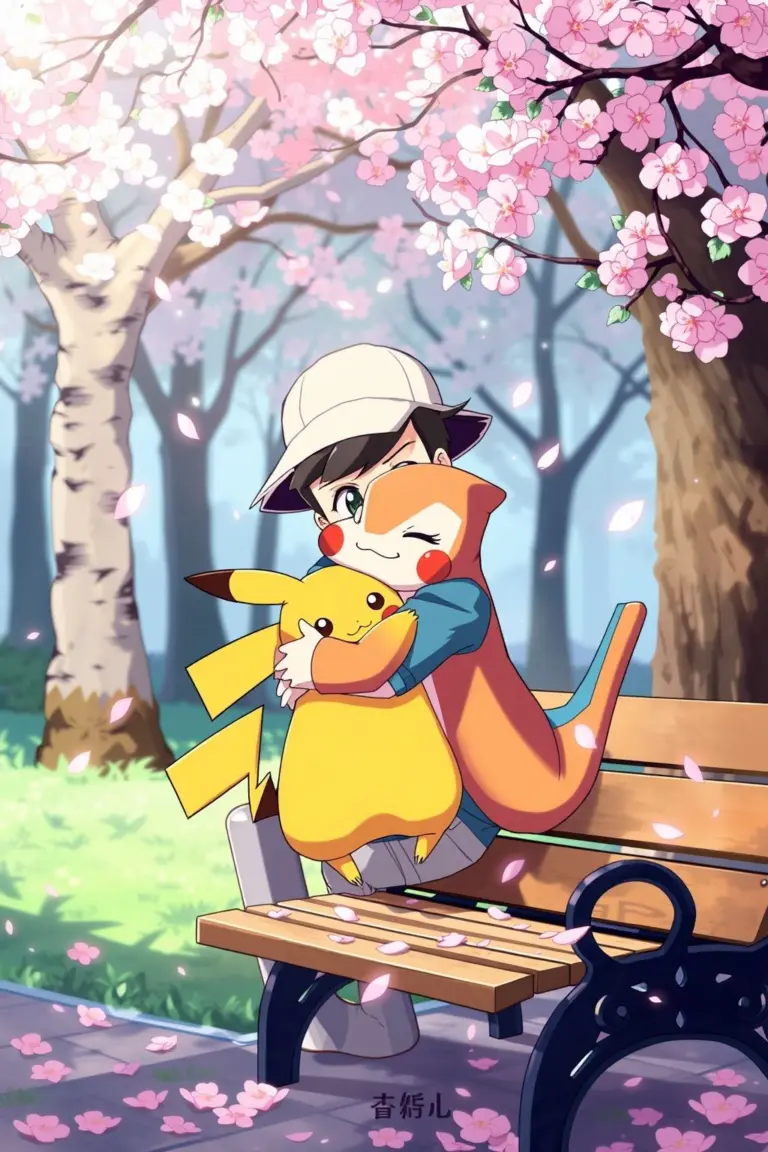 Ash Ketchum, Pikachu, and Charizard in a spring park, Ghibli style.
