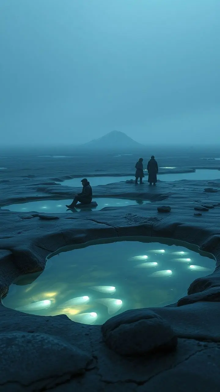 Early spring thaw auction scene with bioluminescent glow and corroded pools.
