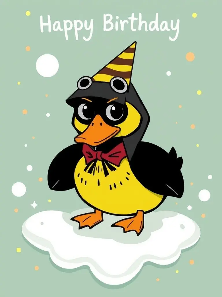 Spy duck holding a birthday card.