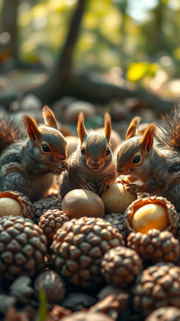 Three squirrels with detailed fur gathered around textured macadamia nuts on a forest floor.