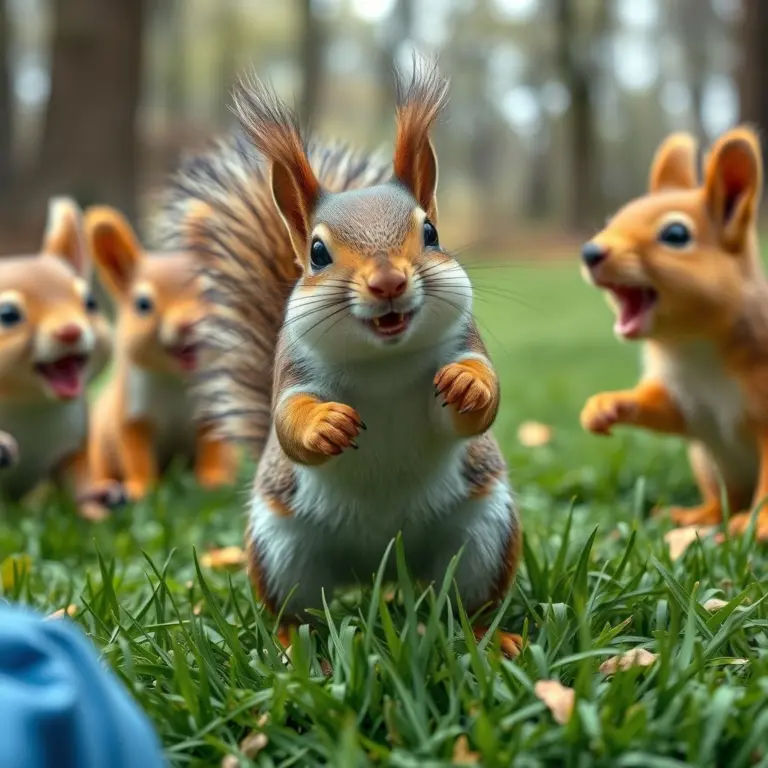 A squirrel leading other animals in a fun challenge.