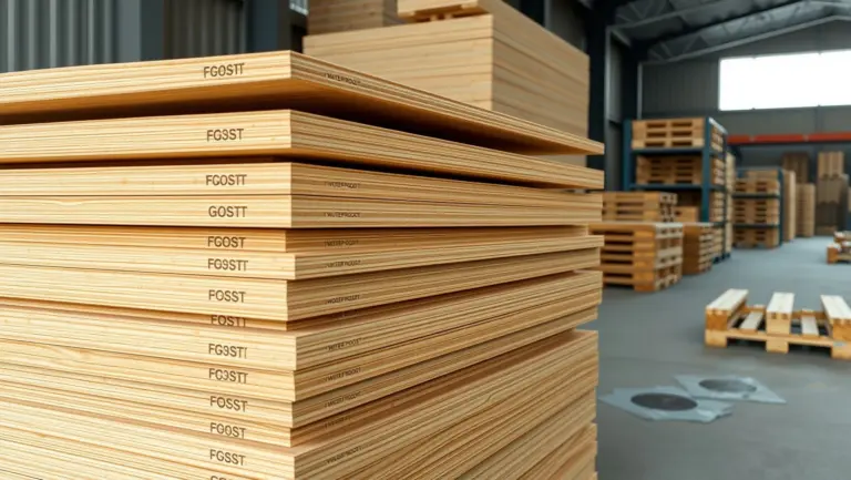 Close-up of stacked plywood sheets with visible grain and markings.