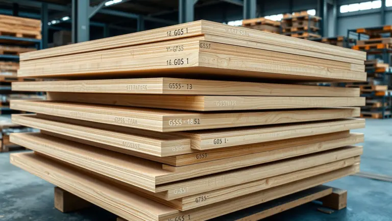 Stack of plywood sheets with visible veneer layers and markings.