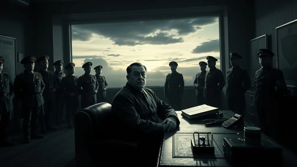 Stalin seated at a desk in a 1930s Soviet office, with uniformed officers standing rigidly, under dramatic chiaroscuro lighting.