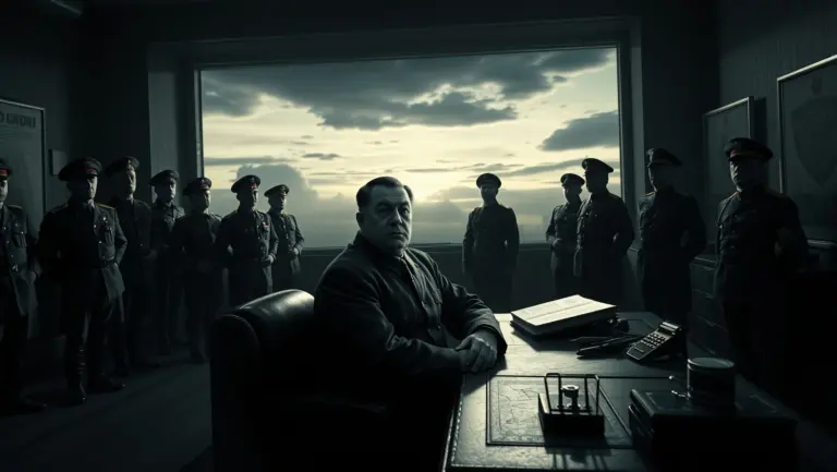 Stalin seated at a desk in a 1930s Soviet office, with uniformed officers standing rigidly, under dramatic chiaroscuro lighting.