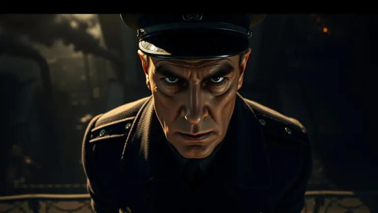 Bird's-eye cinematic portrait of a stern man in Soviet military attire, with harsh shadows and sunlight.