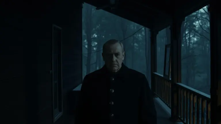 Cinematic image of Stalin on a dacha porch, lit with dramatic shadows and chiaroscuro lighting, showing his paranoid expression.