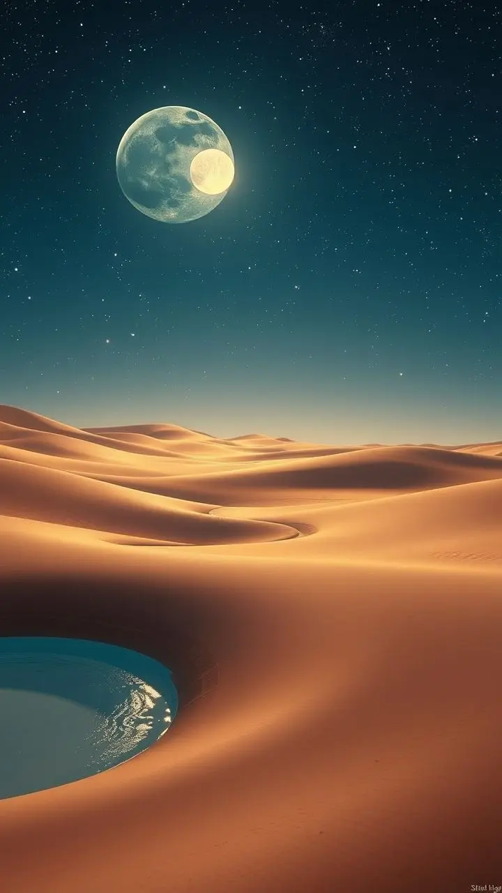 Desert at night with pools reflecting stars.