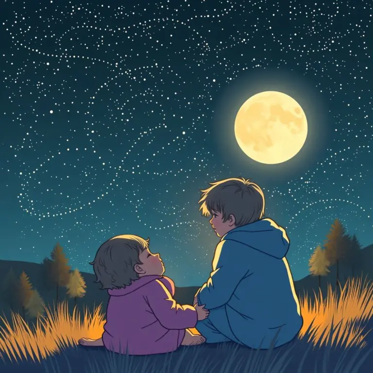 Two children looking up at a starry night sky with a large moon.