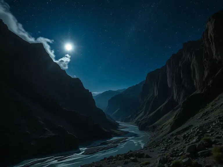 Nighttime gorge with a river, cliffs, stars, and moonlight.