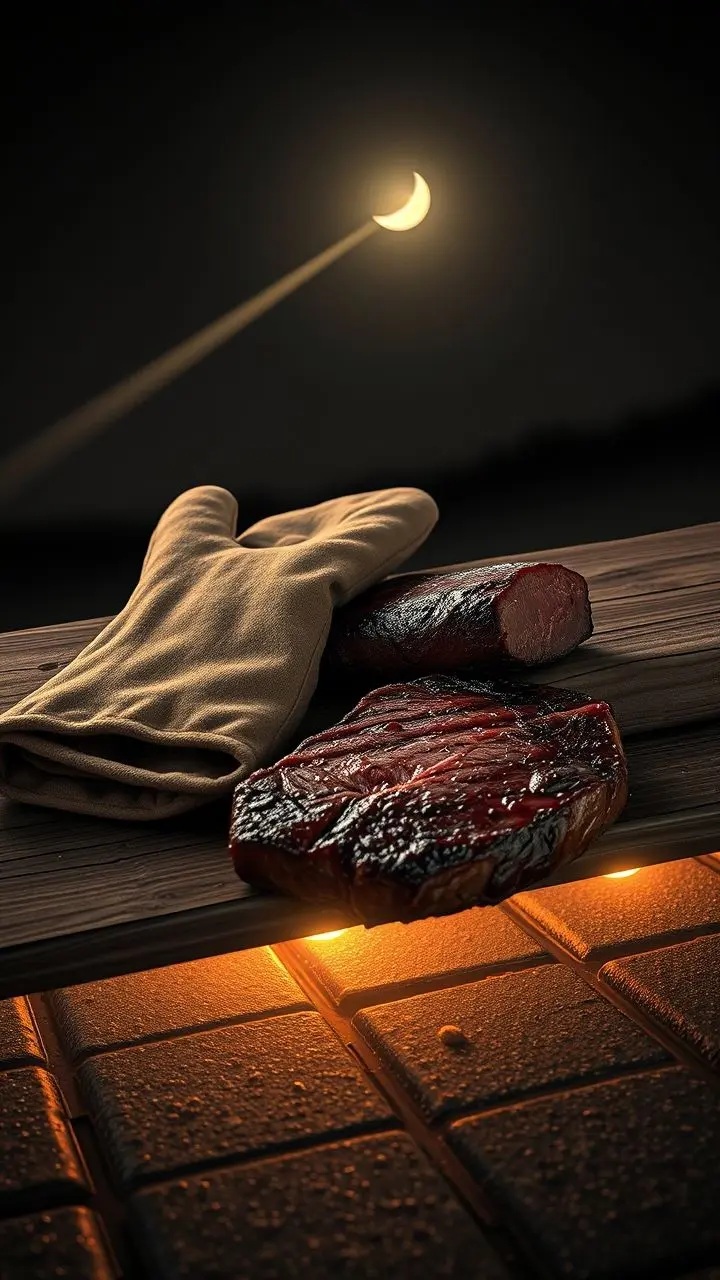 Vintage oven mitts and seared steak on wood, under a night sky with star shower and glowing pavement.
