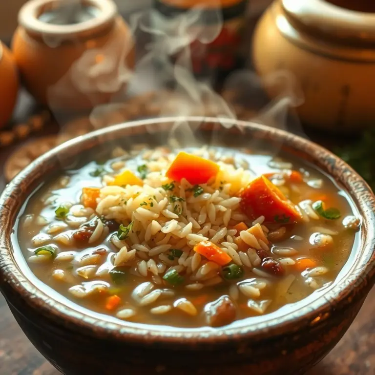 Steaming bowl of rice soup in a rustic bowl.