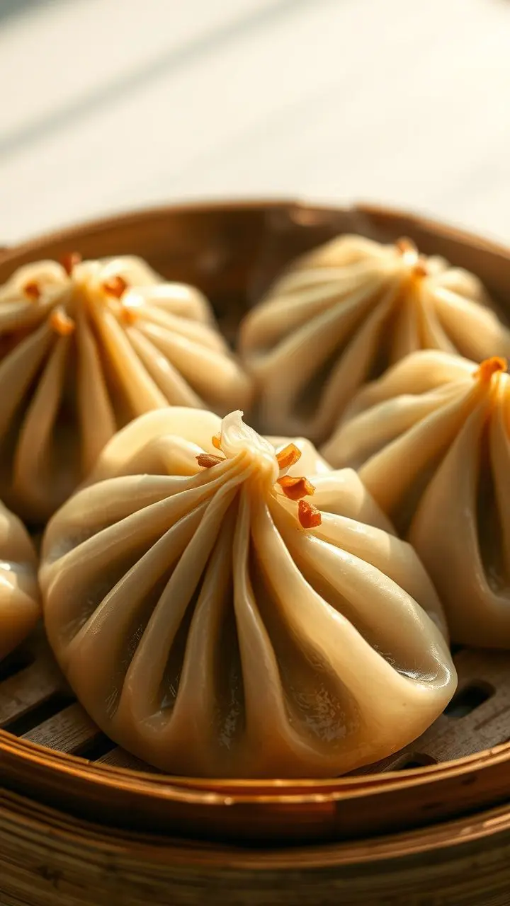 Close-up of steamed Mongolian buuz dumplings with mutton filling.