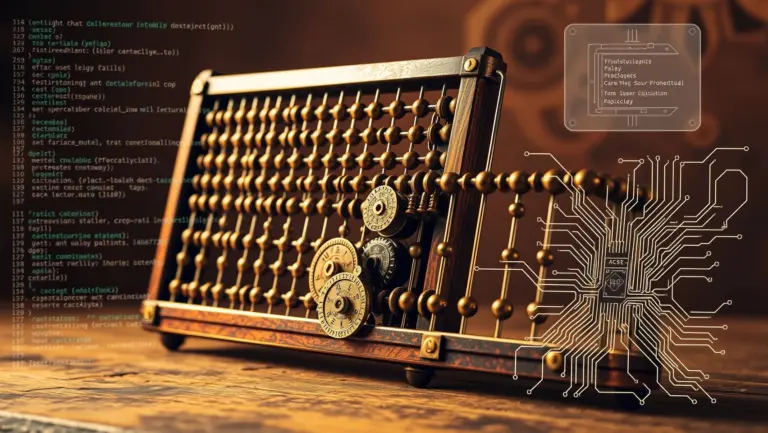 Steampunk abacus with gears and beads next to digital code.