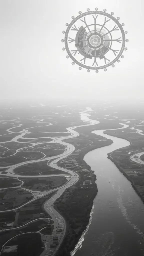 Aerial view of a monochrome steampunk river delta with firefly-like lights and Milankovitch Cycle patterns.