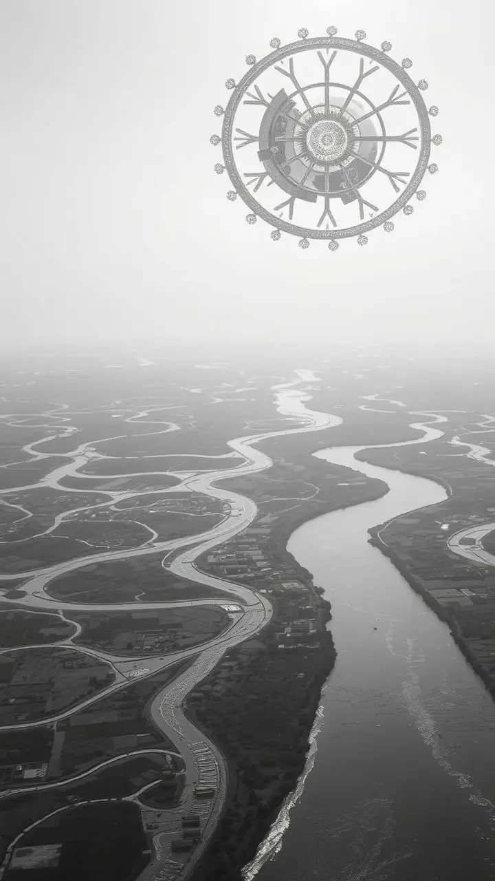 Aerial view of a monochrome steampunk river delta with firefly-like lights and Milankovitch Cycle patterns.