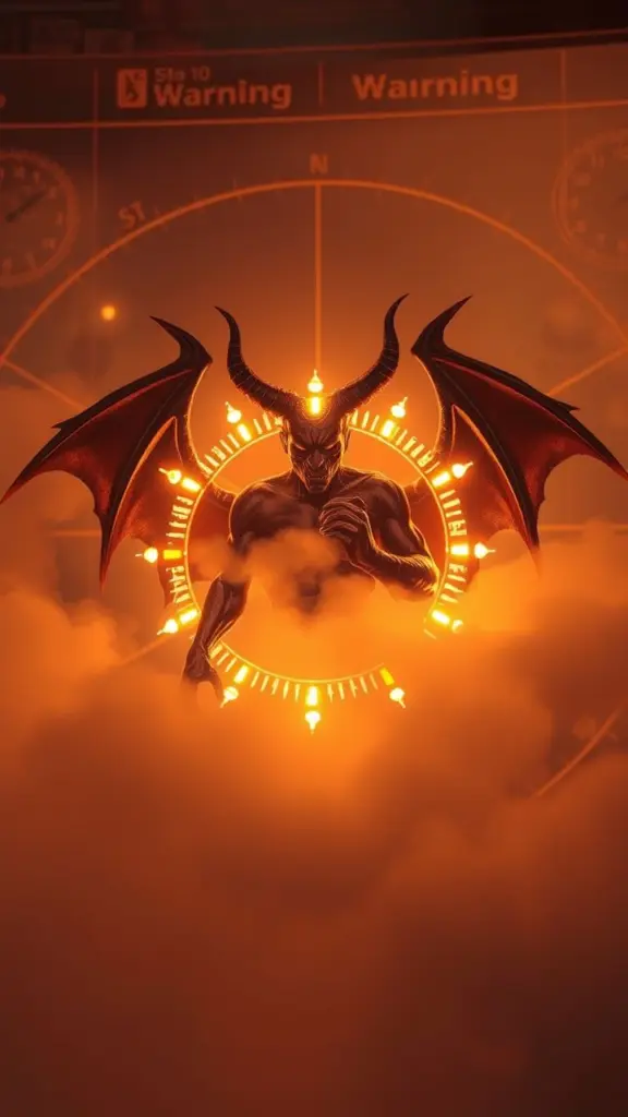 Steampunk devil figure with glowing graphs and small craft warning sign, in chalk pastel style.