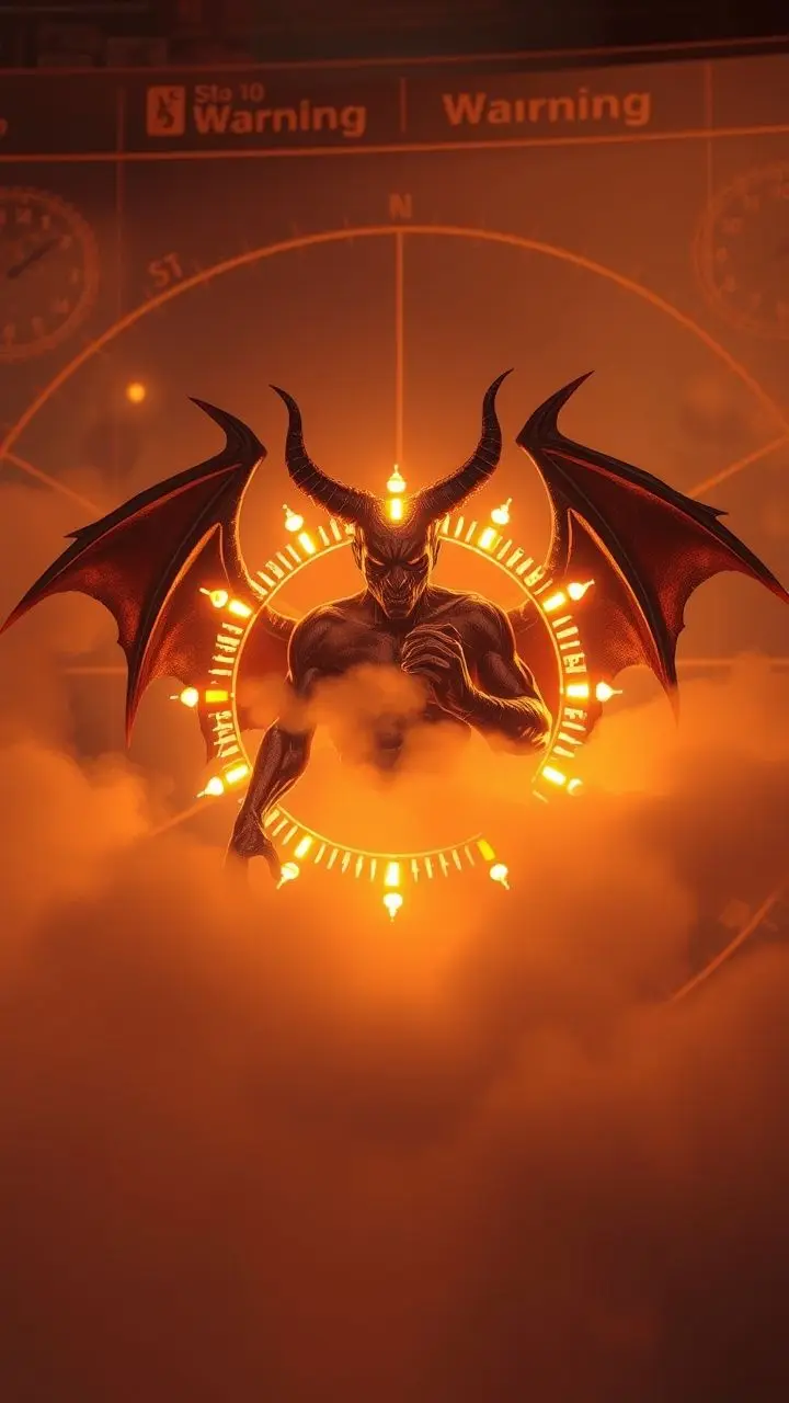 Steampunk devil figure with glowing graphs and small craft warning sign, in chalk pastel style.