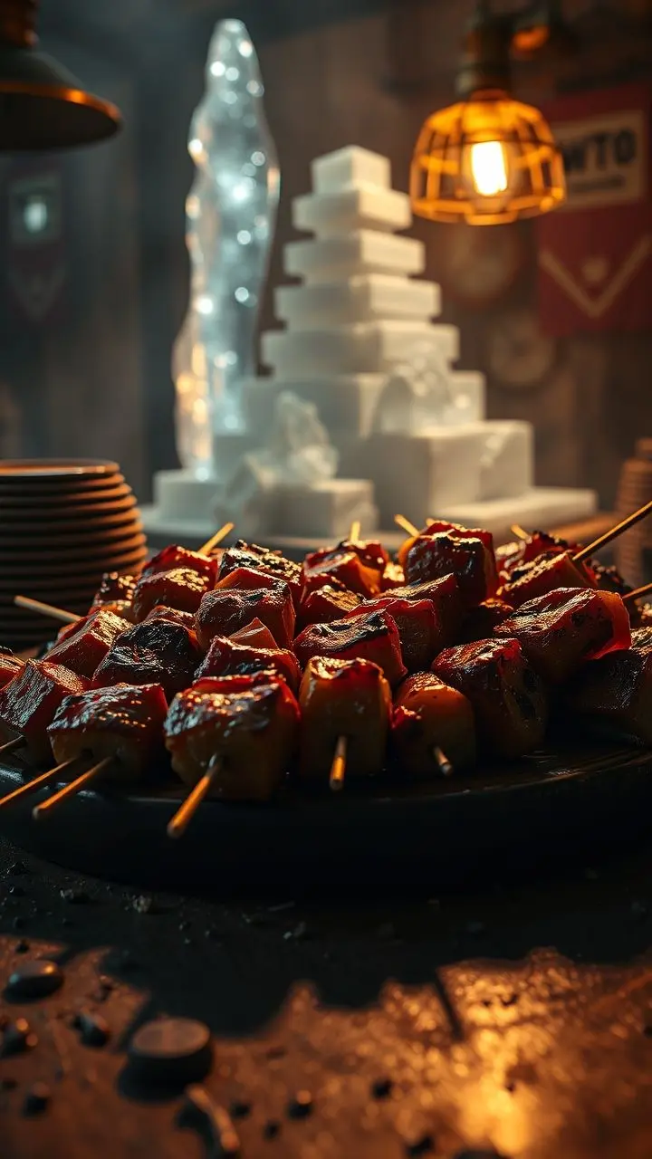 Grilled skewers on a wooden platter with an Ice Stupa in the background, featuring steampunk details.