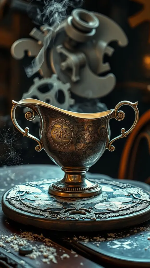 Steampunk gravy boat on antique table with dust particles and warm light.