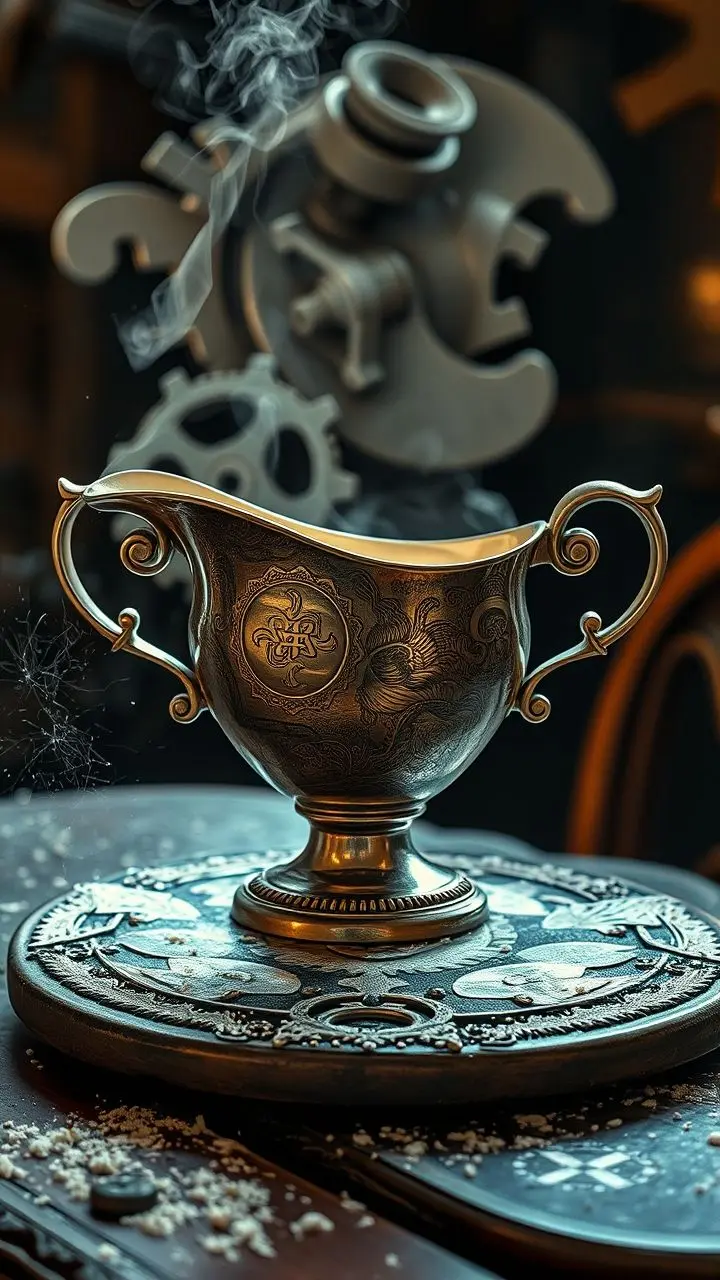 Steampunk gravy boat on antique table with dust particles and warm light.