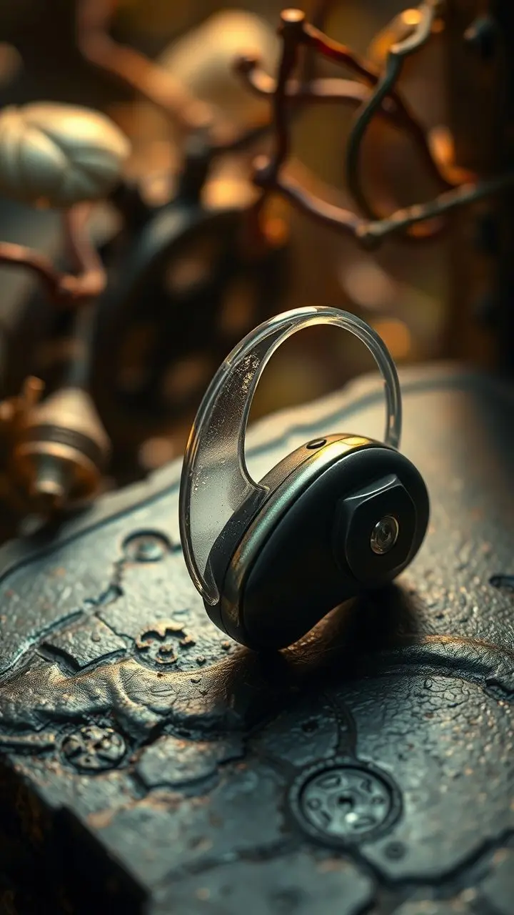 Steampunk hearing aid with petroleum accents near methane burst.