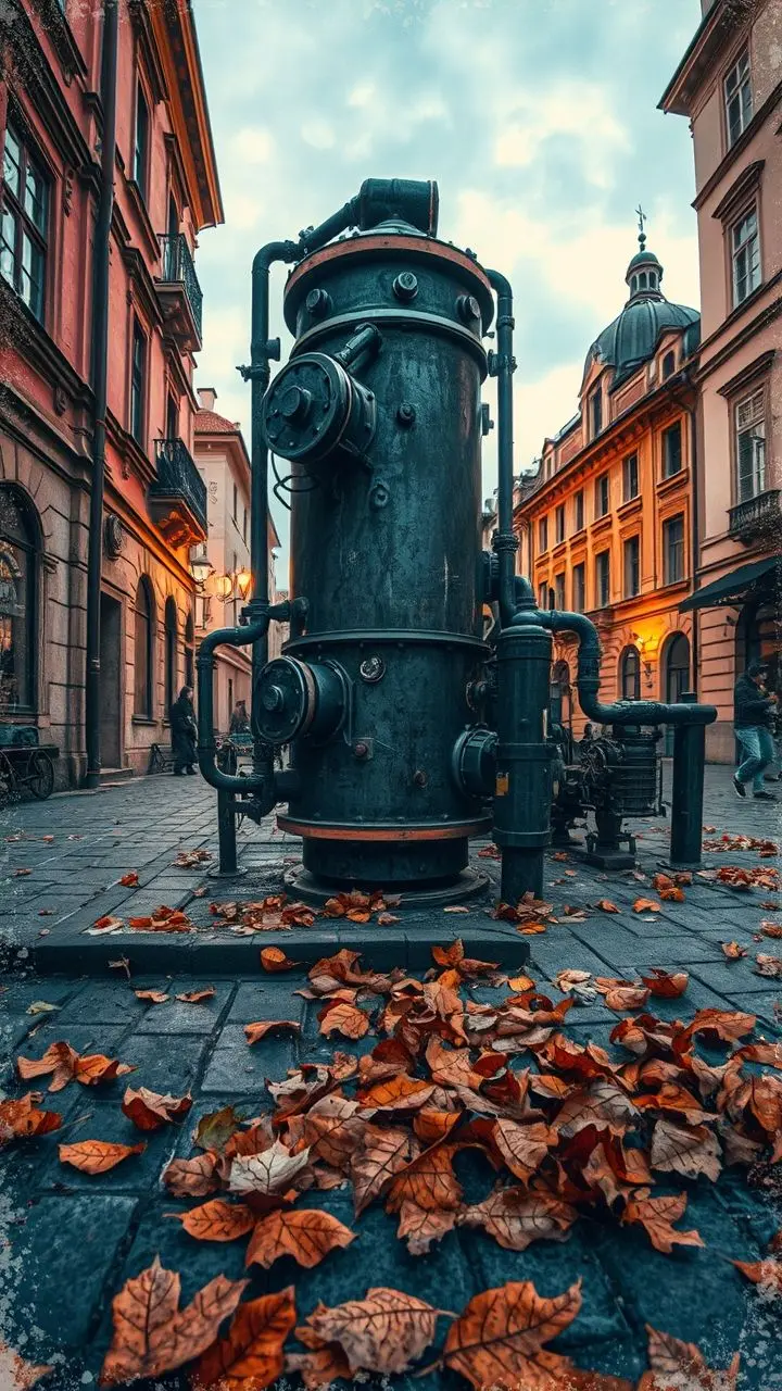 Steampunk heat exchanger in Prague at dusk with fallen leaves.