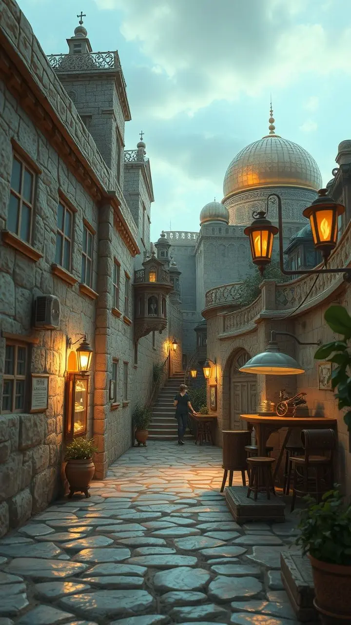 Steampunk Jerusalem cityscape with stone pathways and ambient lighting.