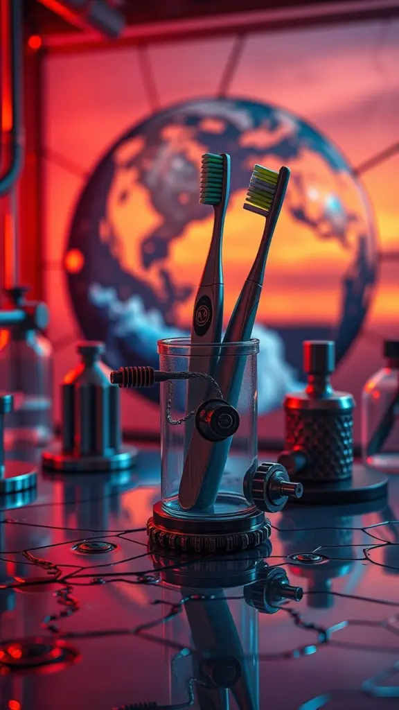 Steampunk toothbrush holder in a lab with Earth system boundaries and oil/water abstract art.