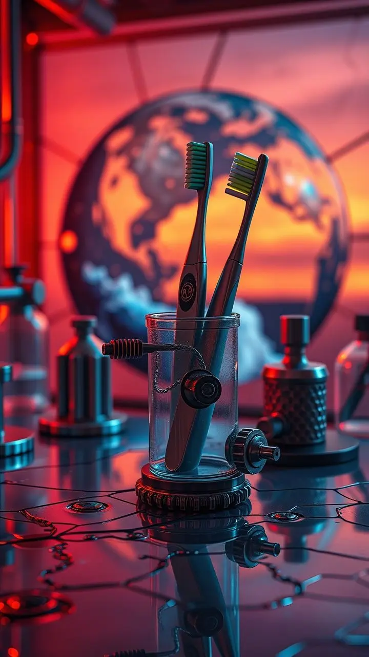 Steampunk toothbrush holder in a lab with Earth system boundaries and oil/water abstract art.