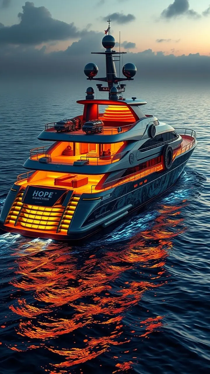 Luxurious steampunk yacht with UV-reactive details on shimmering water.