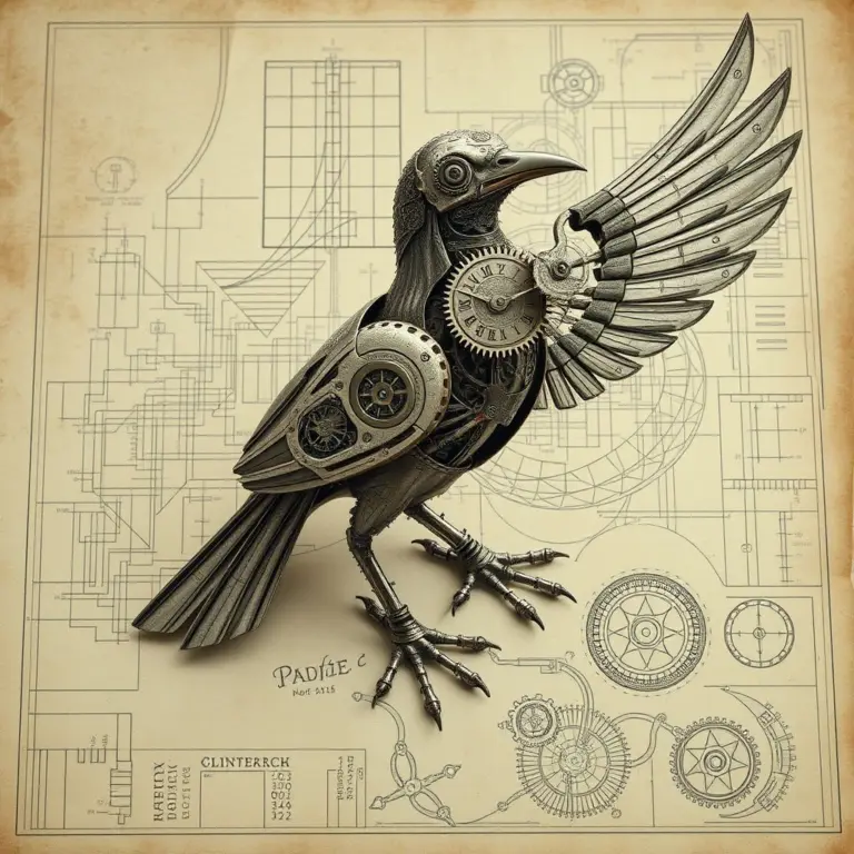 Steampunk bird with broken wing on blueprint.