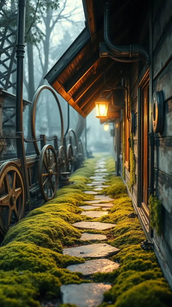 Steampunk pathway illuminated by soffit lights, with moss and mechanical details.