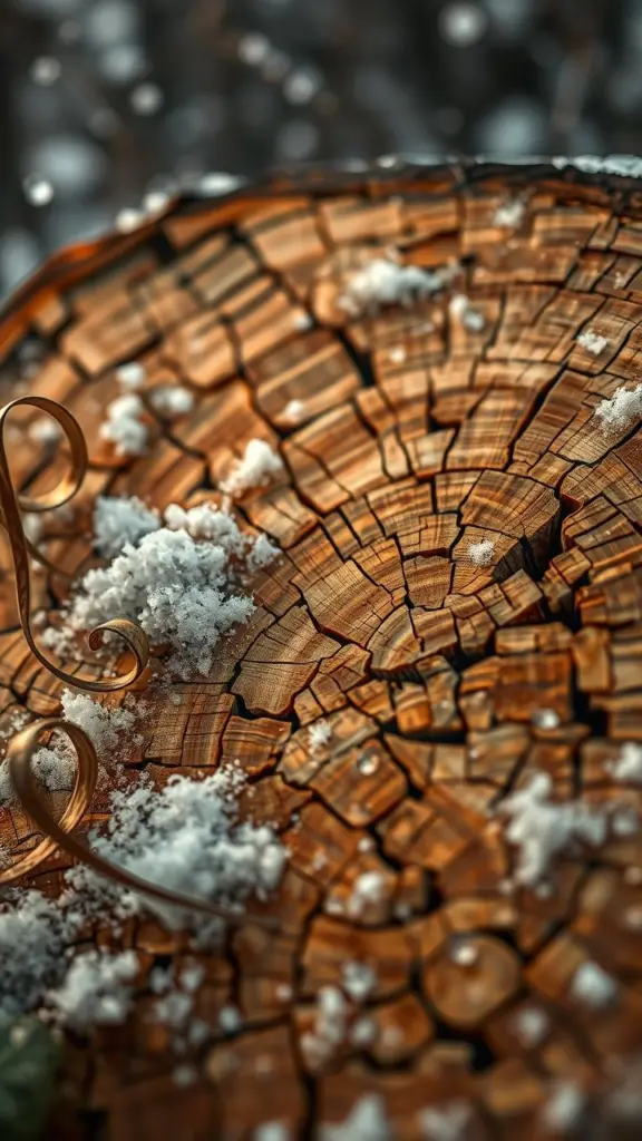 Close-up of petrified wood with snow and steampunk elements.