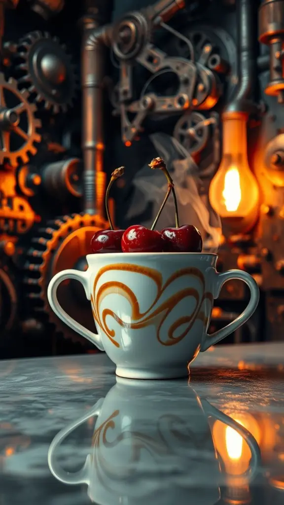 Coffee cup with cherries on a reflective surface, surrounded by steampunk gears and pipes.