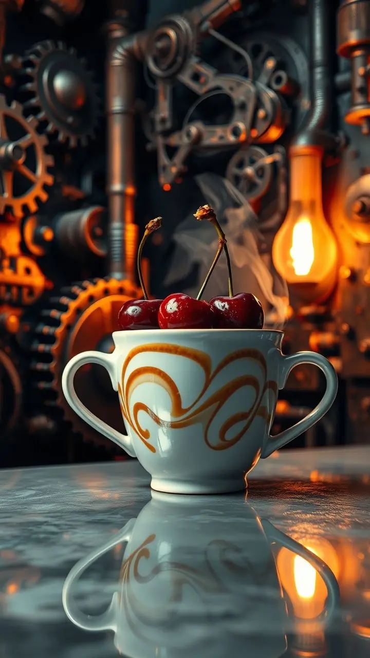 Coffee cup with cherries on a reflective surface, surrounded by steampunk gears and pipes.